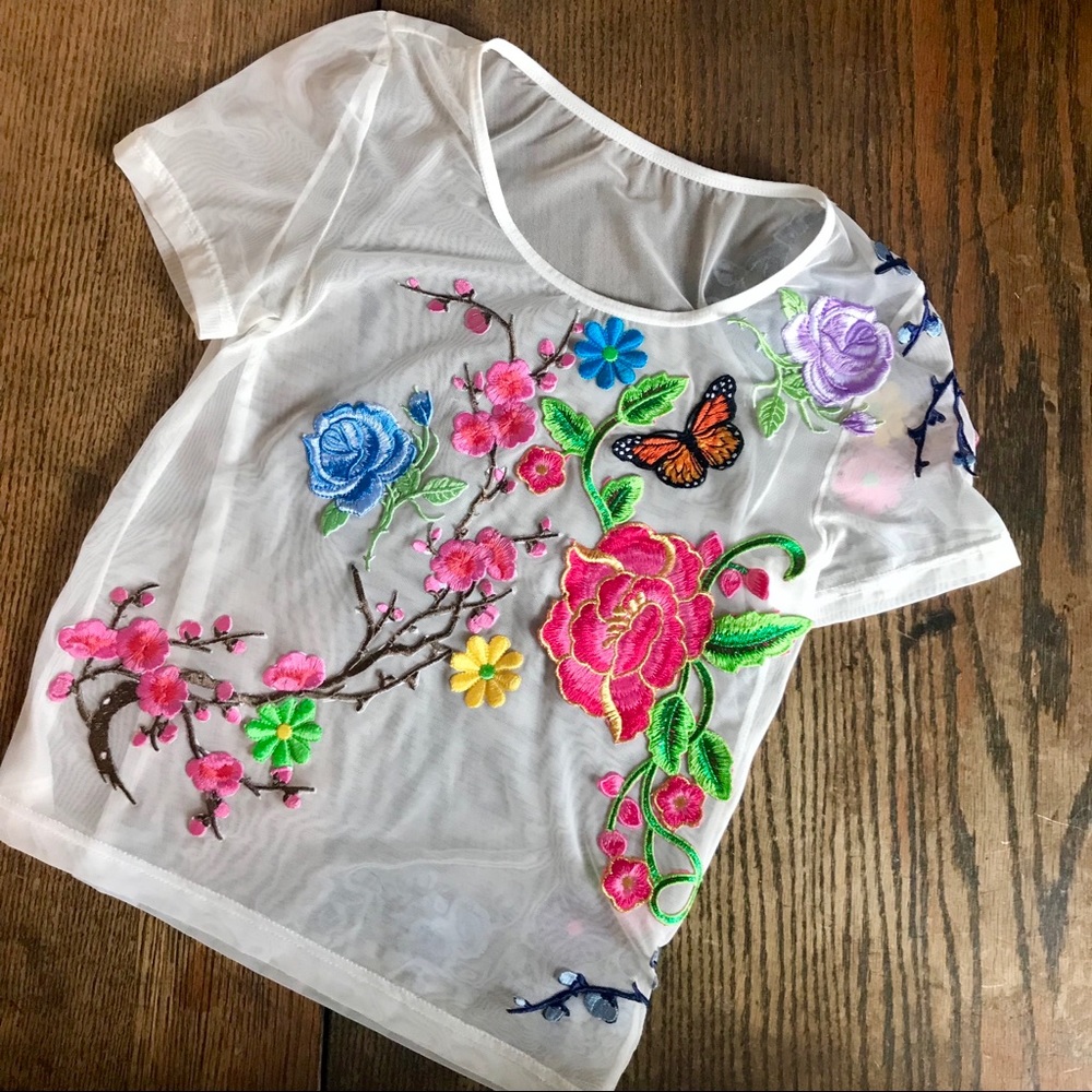 Handmade Sheer Crop Top with Flower Appliqués